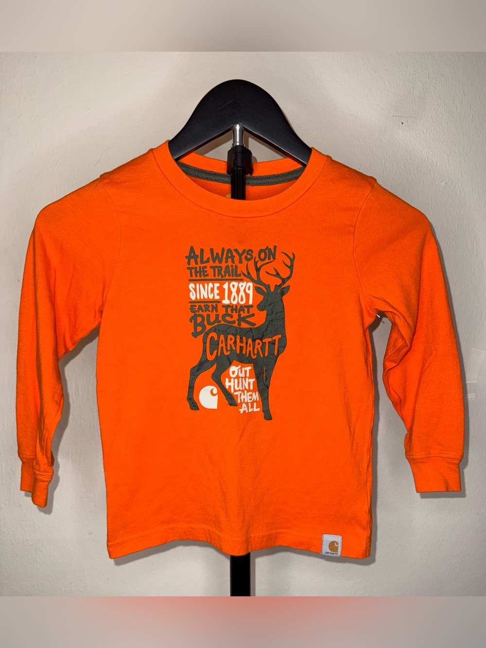 Carhartt Orange Long Sleeve "Earn That Buck" T-Shirt, size 4T, EUC